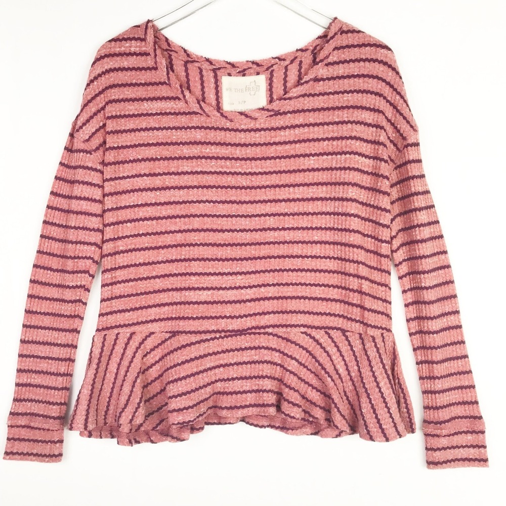 Free People Top Womens Small Red Striped Waffle Knit Peplum Ruffle We The Free